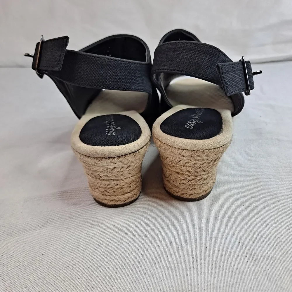 Easy Street Women's Stacy Espadrille Sandals Size 8.5M Black Perforated Wedges